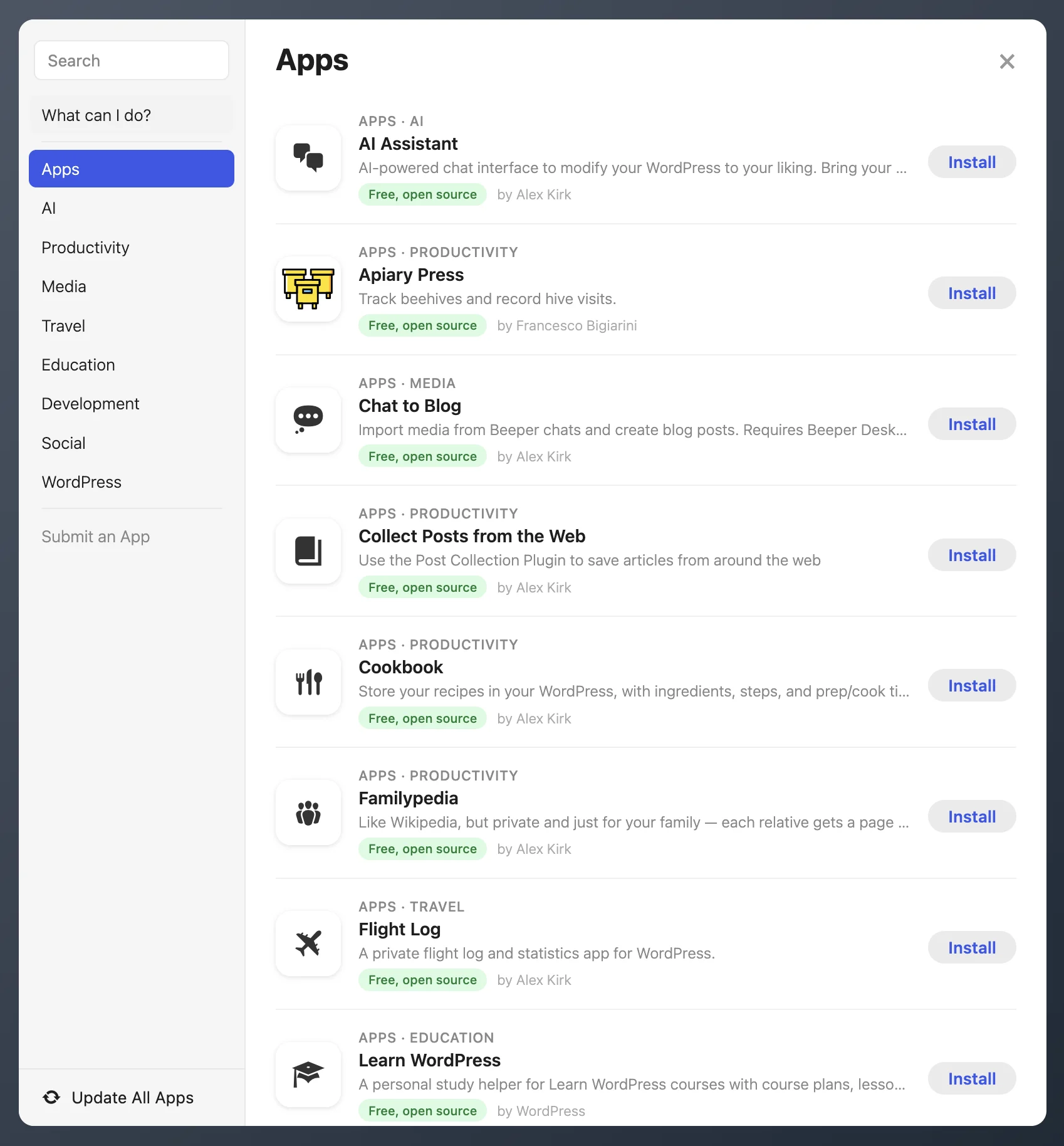 App Store with WordPress apps including AI Assistant, Cookbook, Memex, Personal CRM, and RSS Reader