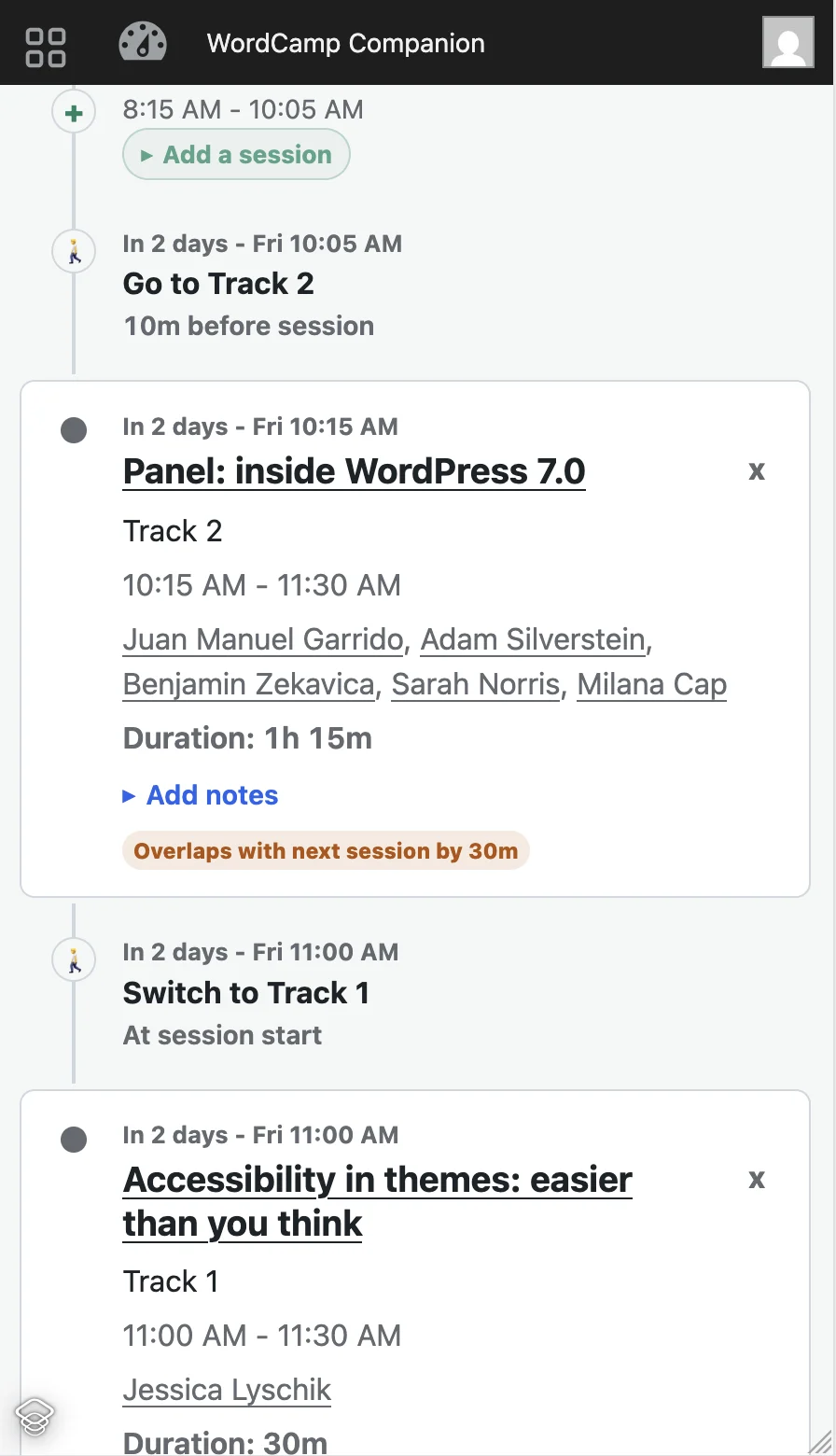 WordCamp Companion overlap warning